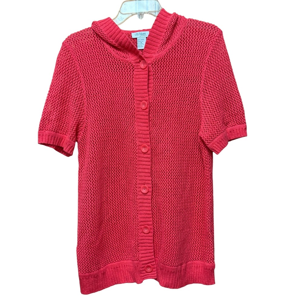 City Blues by Koret Women M Crochet Hooded Cardigan Cover up Beach Resort Preppy